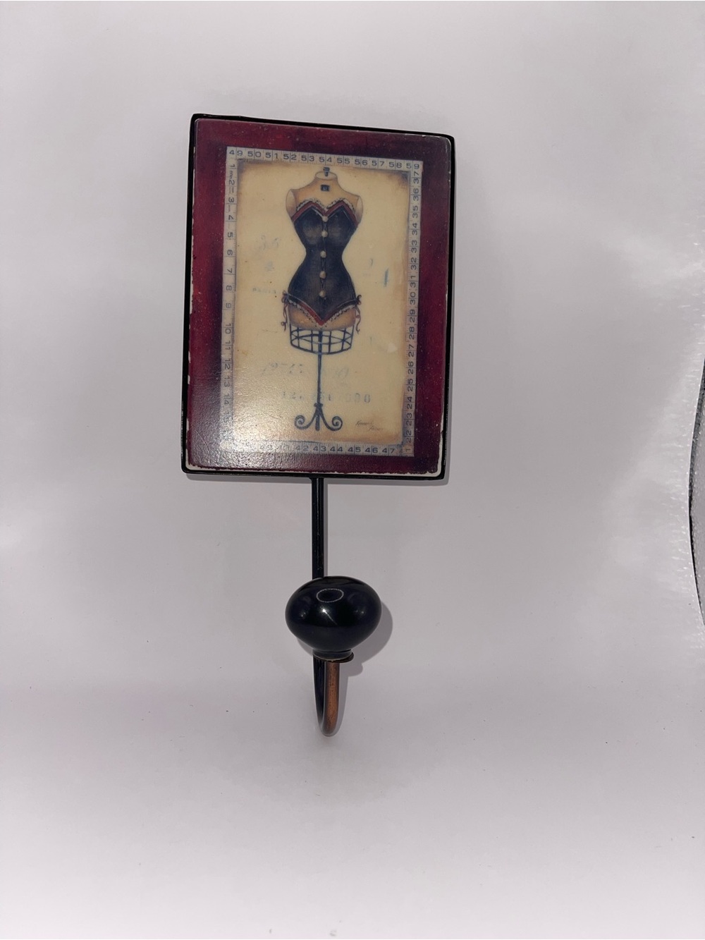 Vintage Plaque Mannequin Corset Dress Form Hook in Black Burgundy Boutique Decor